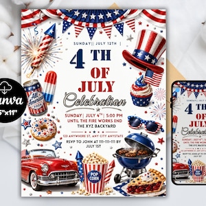May include: A patriotic 4th of July celebration invitation design. The design includes a red classic car, fireworks, a barbecue grill, and a cupcake. The invitation is 8.5" x 11" and includes the text "4th of July Celebration".
