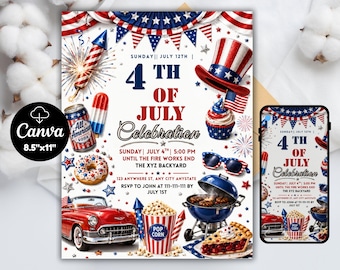 250. Amerika-Jubiläumseinladung, USA 4. Juli Party einladen, Unabhängigkeitstagseinladung, bearbeitbare Canva-Vorlage