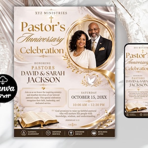 May include: A flyer and mobile phone display for a Pastor's Anniversary Celebration honoring David and Sarah Jackson. The design features gold accents, a circular photo frame, an open Bible, and text including the date October 15, 20xx.
