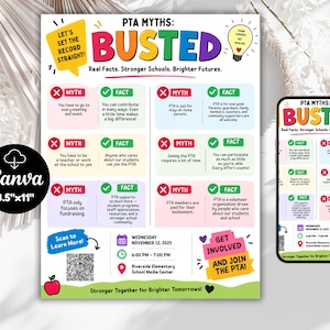 May include: A white 8.5"x11" flyer titled PTA MYTHS: BUSTED with colorful text and icons. It features a grid of myths and facts, a QR code, and event details for Wednesday, November 12, 2025, at Riverside Elementary School Media Center.