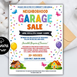 Puede incluir: Un folleto colorido para una venta de garaje vecinal. El texto "GARAGE SALE" está en letras grandes y multicolores. El folleto incluye detalles sobre la fecha, hora y lugar de la venta, así como una lista de artículos. El folleto mide 21,6 cm x 27,9 cm.