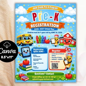 Puede incluir: Un folleto de inscripción de Pre-K colorido con el texto "Pre-K Registration" y "Año escolar 2026-2027". El folleto incluye ilustraciones de un autobús escolar, crayones, una escuela y un lápiz. El folleto mide 21,6 cm x 27,9 cm.