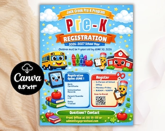 Pre-K-Registrierung Flyer Vorlage, Vorschule Einschulung Poster, Tagestagesstätte Tag der offenen Tür, bearbeitbarer Schuleintritt Flyer, digitaler Download