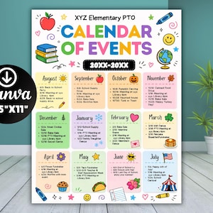 Pu&ograve; includere: Un calendario colorato degli eventi per XYZ Elementary PTO, con un layout mensile e illustrazioni. Il calendario mostra date e attivit&agrave; per ogni mese, con il logo Canva e dimensioni di 21,59 cm x 27,94 cm.