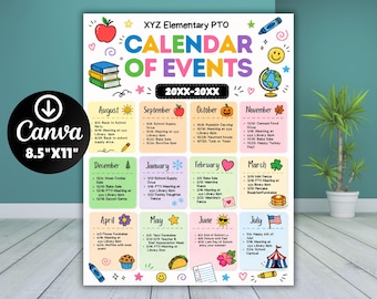 Modello di calendario PTA/PTO modificabile, programma eventi scolastici stampabile, agenda accademica annuale, newsletter mensili (foglio scaricabile da Canva).