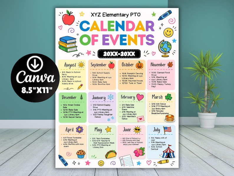 Pu&ograve; includere: Un calendario colorato degli eventi per XYZ Elementary PTO, con un layout mensile e illustrazioni. Il calendario mostra date e attivit&agrave; per ogni mese, con il logo Canva e dimensioni di 21,59 cm x 27,94 cm.