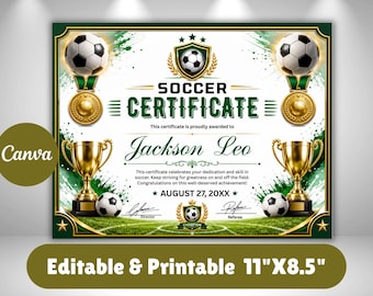 May include: A soccer certificate template measuring 11 inches by 8.5 inches, featuring green and gold accents, two gold trophies, two gold medals, and three soccer balls. The text reads Soccer Certificate, Jackson Leo, and August 27, 20XX.