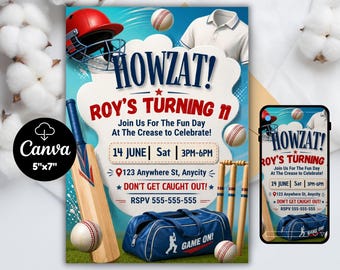 Cricket-Geburtstagseinladung, bearbeitbare Sportparty einladen, Jungen-Geburtstagseinladung, Kinder Sportthema, Canva-Vorlage, digitaler Download