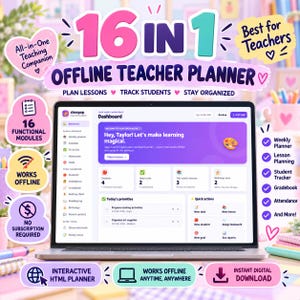 May include: A laptop displaying a digital teacher planner dashboard with the text 16 IN 1 OFFLINE TEACHER PLANNER. The screen shows modules for lesson planning, student tracking, and organization, with a purple header and white interface.