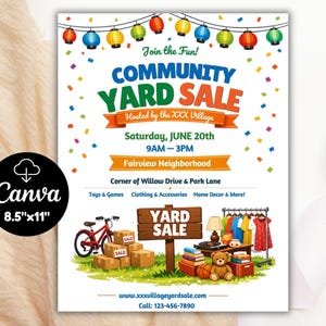 Può includere: Un volantino colorato per una vendita di beneficenza della comunità. Il design presenta il testo "Community Yard Sale" in grandi lettere in grassetto, insieme ai dettagli dell'evento come la data, l'ora e il luogo. Il volantino misura 21,6 cm x 27,9 cm.