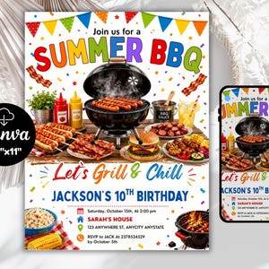 Könnte beinhalten: Eine digitale Einladungsvorlage für eine 10. Geburtstagsfeier mit Sommer-Grill-Thema. Der Flyer zeigt bunten Text, einen schwarzen Holzkohlegrill mit Hotdogs, einem Burger, Speck und Mais. Er enthält die Veranstaltungsdetails für Jacksons Geburtstag.