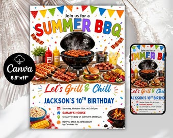 Zomer BBQ-verjaardagsuitnodiging, achtertuin cookout partij flyer, bewerkbare canva uitnodiging, Memorial Day BBQ-sjabloon, DIY digitale download