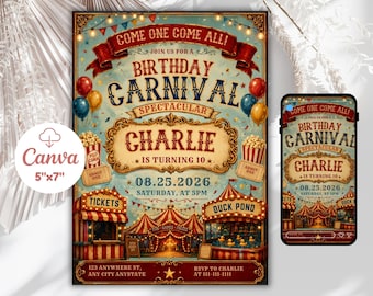 Carnival Birthday Party Invitation, Colorful Circus Theme Invite, Fun Fair Birthday Template, Editable Canva Design, Printable Party Invite