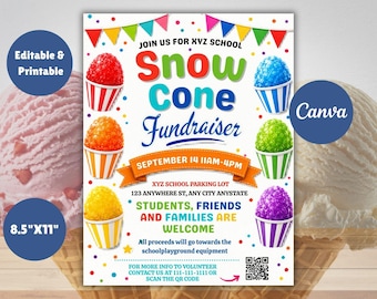 Snow Cone Fundraiser Flyer Vorlage, Shaved Ice Sommer Fundraiser, hell bunte Schulsportteam Fundraion, bearbeitbares Canva Printable