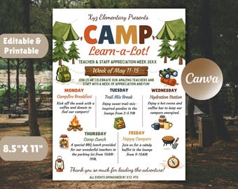 Wochenplan zur Wertschätzung für Campinglehrer, bearbeitbarer Flugplan für Schulpersonal, Veranstaltungsvorlage für Camp-Themenwochen, DIY Canva Access