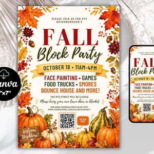 May include: A digital flyer and mobile phone display for a Fall Block Party on October 18 from 11am-4pm. The design features watercolor autumn leaves, pumpkins, and gourds with text including Face Painting, Games, Food Trucks, and Smores.
