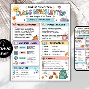 May include: A digital 8.5 inch by 11 inch Sunrise Elementary class newsletter template for November 2025, featuring colorful sections for updates, learning goals, important dates, and contact info, displayed on a document and a smartphone screen.