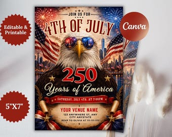 4th of July Invitation Template | USA 250 Celebration Invite | Editable Canva Template | Patriotic Party Flyer | Instant Download