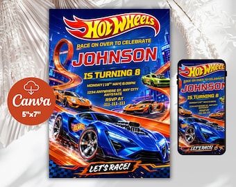 Bearbeitbare Hot Cars Geburtstagseinladung, Hot Cars Let's Rennen Geburtstagsfeier Digitale Einladung, Jungen Geburtstagskarte, Vorlage für digitalen Download