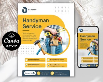 Flyersjabloon Klusjesman, bewerkbaar canvasontwerp voor huisreparatie, marketingfolder aannemer, digitale download voor onderhoud van onroerend goed
