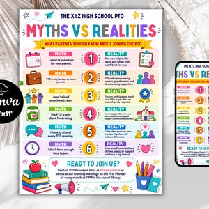 May include: An 8.5 inch by 11 inch informational flyer titled The XYZ High School PTO Myths vs Realities. The document features six numbered rows comparing common misconceptions with facts, colorful icons, and a section at the bottom for joining.