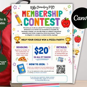 May include: A colourful flyer for an elementary school PTO membership contest. The design includes pencil, apple, and trophy illustrations. The flyer is 21.6cm x 27.9cm and features the text "Membership Contest" and "Help Your Child Win a Pizza Party!"
