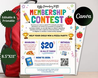 PTO Membership Contest Flyer Template, Editable Canva PTA Recruitment Drive Poster, School Parent Volunteer Form, Back To School Printable