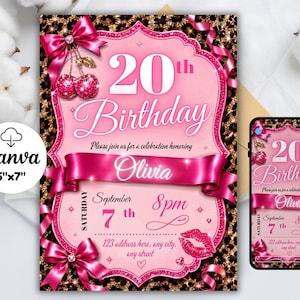 Cheetah Leopard Print Birthday Invitation, Coquette Party Invite, Editable Canva Template (Digital Download)