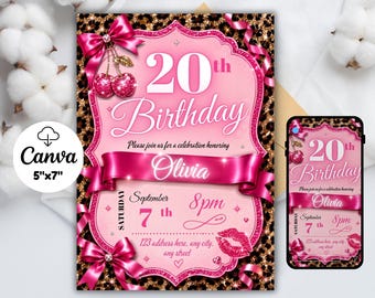 Cheetah & Leopard Print Birthday Invitation, Black Bow Coquette Party Invite, Animal Print Editable Canva Template Digital Download