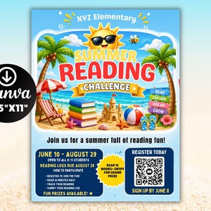 Peut inclure: Une affiche colorée pour le "Summer Reading Challenge" avec une scène de plage, un soleil avec des lunettes de soleil, des palmiers et des livres. L'affiche mesure 21.6 cm x 27.9 cm et contient des informations sur le défi.