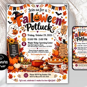 Può includere: Un volantino per l'evento Falloween Potluck con foglie autunnali, zucche, fantasmi e un cappello da strega. Il testo include i dettagli dell'evento per venerdì 24 ottobre 2025 presso il Maple Ridge Learning Center e le informazioni RSVP.