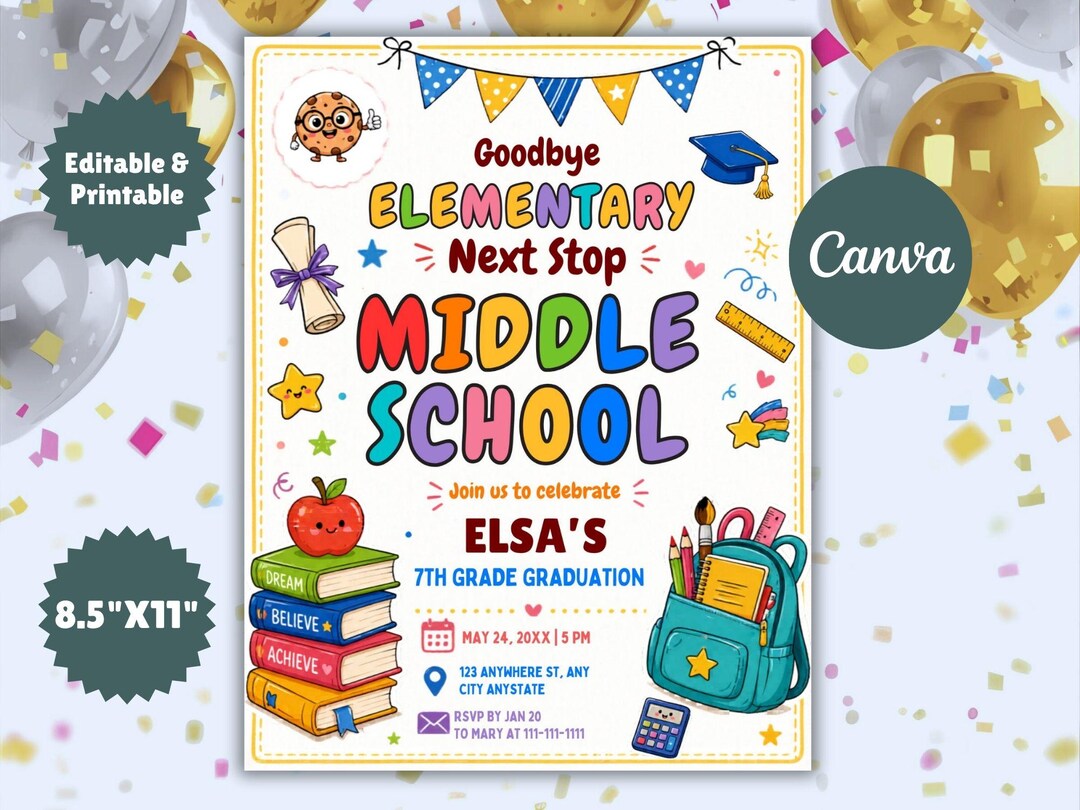 5th Grade Graduation Invitation, Editable Elementary School End of Year ...