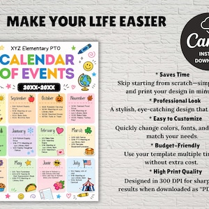Pu&ograve; includere: Un modello di calendario colorato con il testo "XYZ Elementary PTO CALENDAR OF EVENTS 20XX-20XX". Il design include illustrazioni di una mela, libri, un mappamondo e altre icone. Il logo Canva si trova nell'angolo in alto a destra.