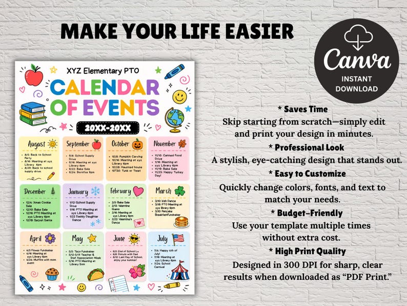 Pu&ograve; includere: Un modello di calendario colorato con il testo "XYZ Elementary PTO CALENDAR OF EVENTS 20XX-20XX". Il design include illustrazioni di una mela, libri, un mappamondo e altre icone. Il logo Canva si trova nell'angolo in alto a destra.
