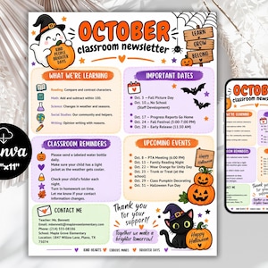 Puede incluir: Una plantilla de boletín escolar de octubre con un fantasma sosteniendo una calabaza, un gato negro con sombrero de bruja y letreros de madera. El diseño incluye secciones para objetivos de aprendizaje, fechas importantes y contacto en 21,6x27,9 cm.