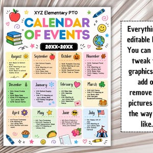 Pu&ograve; includere: Un calendario colorato degli eventi per XYZ Elementary PTO, con orari mensili da agosto a luglio. Include testo e grafica modificabili, con icone come una mela, libri e un mappamondo. Il testo dice: "Tutto &egrave; modificabile qui."
