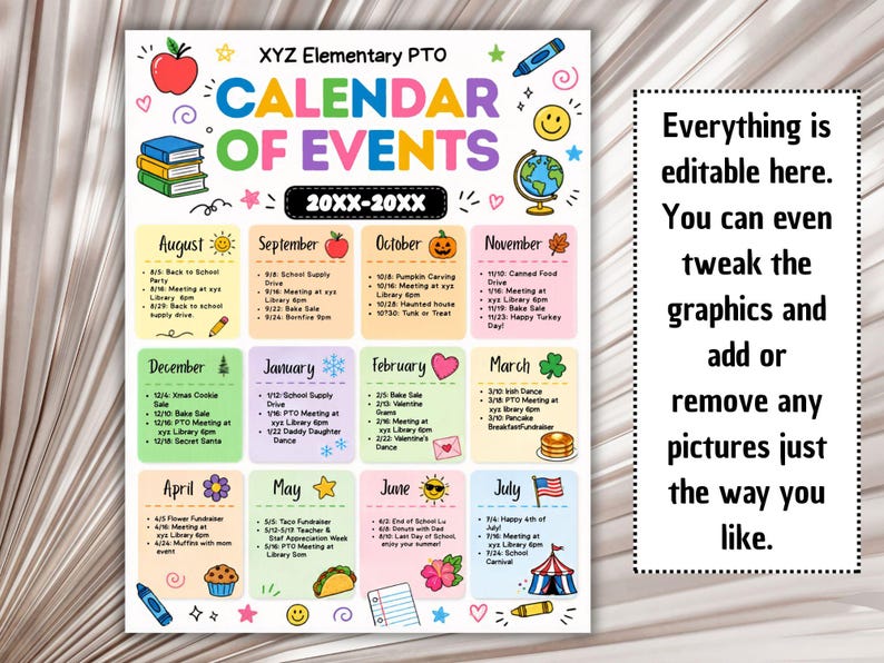 Pu&ograve; includere: Un calendario colorato degli eventi per XYZ Elementary PTO, con orari mensili da agosto a luglio. Include testo e grafica modificabili, con icone come una mela, libri e un mappamondo. Il testo dice: "Tutto &egrave; modificabile qui."