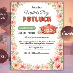 以下が含まれることがあります： 母の日ポットラックの招待状、フローラルアクセント付き。「母の日のポットラックにご参加ください」というテキストとイベントの詳細が含まれています。デザインは、鍋と花の水彩イラストが特徴です。サイズは21.59 cm x 27.94 cmです。
