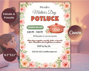 Muttertag Potluck Flyer Vorlage, bearbeitbare Kirche, Nachbarschaft, Büro, Schule Event Luncheon Einladung