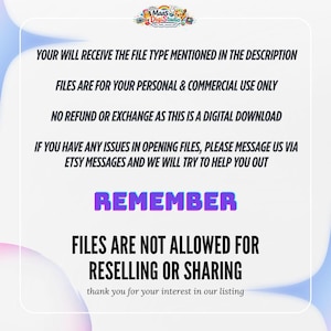 Pu&ograve; includere: Grafica per download digitale con testo nero e viola. Il testo include informazioni sull'utilizzo dei file, i rimborsi e le istruzioni di contatto. L'immagine presenta anche il logo del venditore e un promemoria sulle restrizioni sulla condivisione dei file.