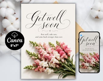 Floral Get Well Soon Card, Printable Feel Better Greeting, Surgery Recovery Digital Download, Watercolor Flower Instant Printable Card