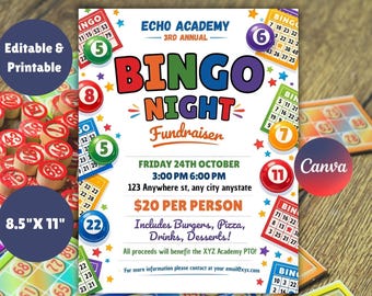 Bingo Night Flyer Vorlage, Spielposter, bearbeitbare Charity-Spendenaktion einladen, Schulveranstaltung Canva, Community Bingo Sign, digitaler Download