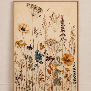 Botanische wanddecoratie met wilde bloemen, ingelijste weideprint, kunstwerk met geperste bloemen, rustieke natuurlijke woondecoratie