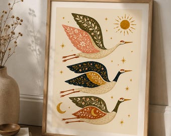 Boho Folk Crane Print, Scandinavian Celestial Birds Wall Art (Digital Download)
