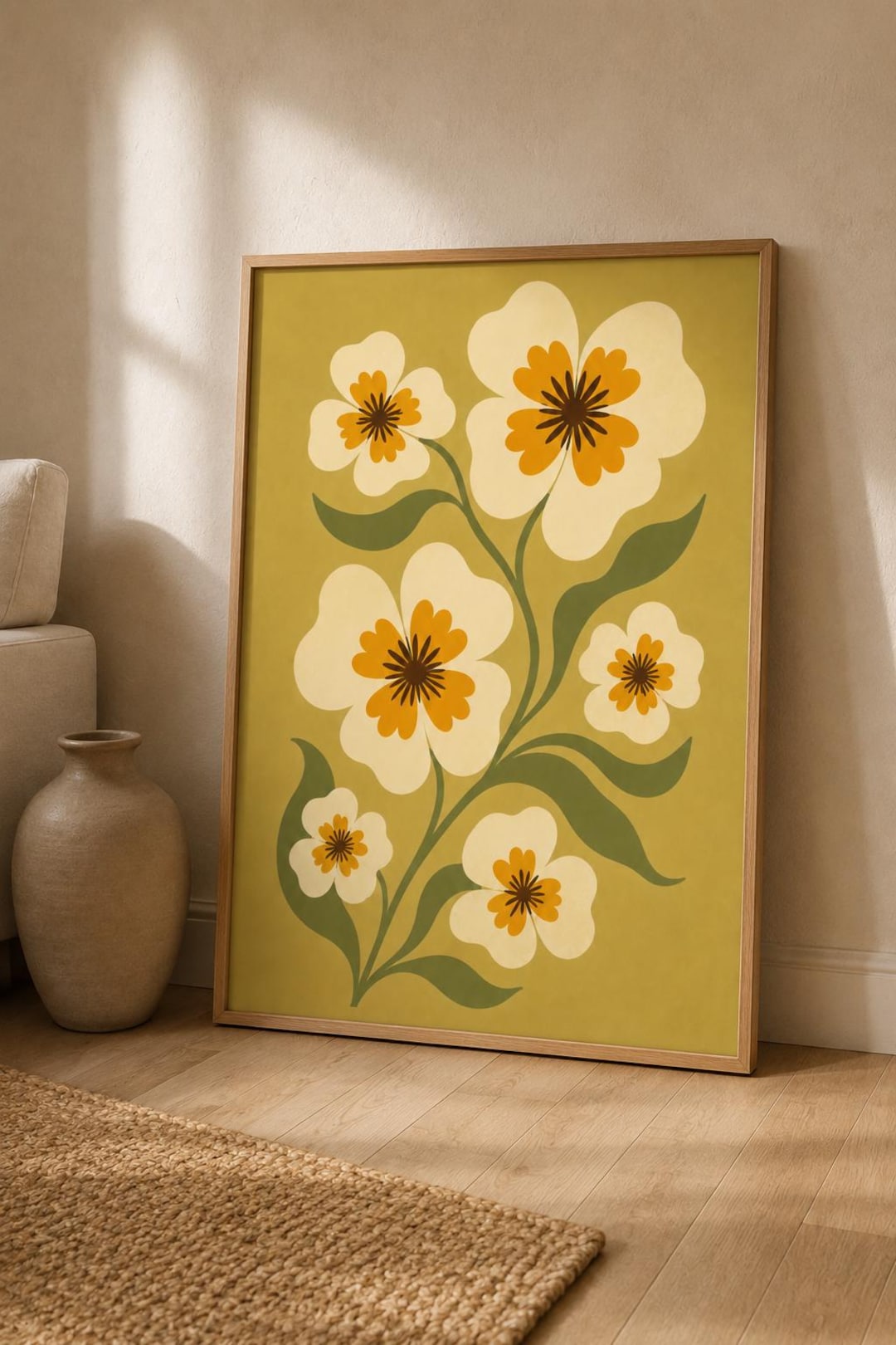 Mustard Yellow Retro Botanical Wall Art, Mid Century Modern Floral ...