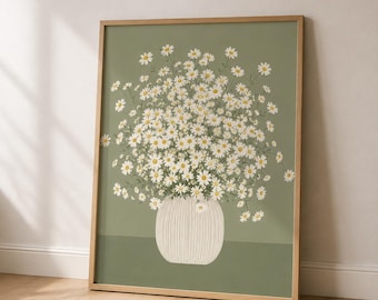 Minimalistische Daisy Blumenstrauß Wandkunst, Salbei grünes Blumendruckbares, botanisches Plakat (digitaler Download)