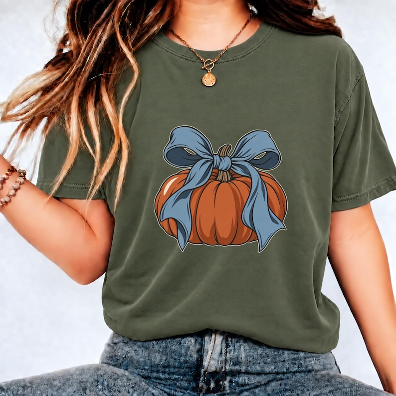 Falling Ribbons Ribbon Pumpkin Fall Tee, Garment-dyed Cotton, Autumn Harvest Top - Etsy
