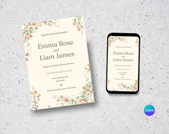 Puede incluir: Invitación de boda con detalles florales. La invitación presenta los nombres "Emma Rose y Liam James" y los detalles del evento. Un smartphone muestra el mismo diseño de invitación. El diseño incluye el texto "Together with their families".