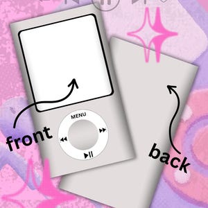 Puede incluir: Ilustración de un reproductor de música digital plateado con una pantalla blanca y un panel de control circular. La parte trasera del reproductor es visible. El fondo es un diseño abstracto rosa y morado con iconos de control de música.