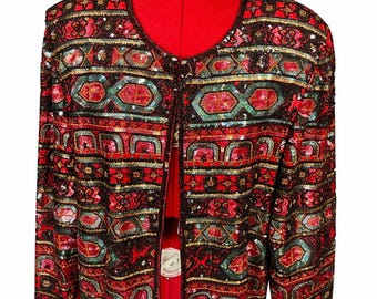 Vintage Style Heavy Beaded Jacket Boho Festival Sequin Embellished Statement Piece